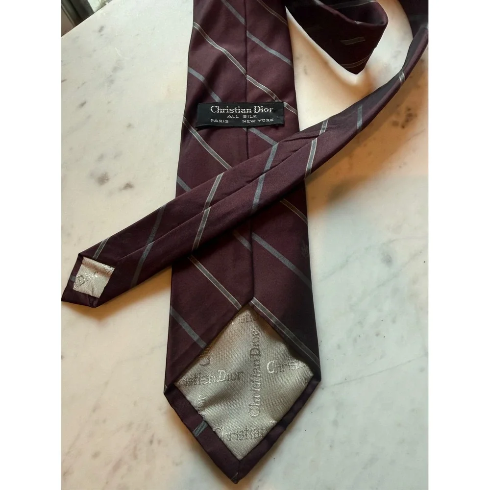 Christian Dior Vintage Mens Silk Tie Burgundy Grey Striped Designer Necktie